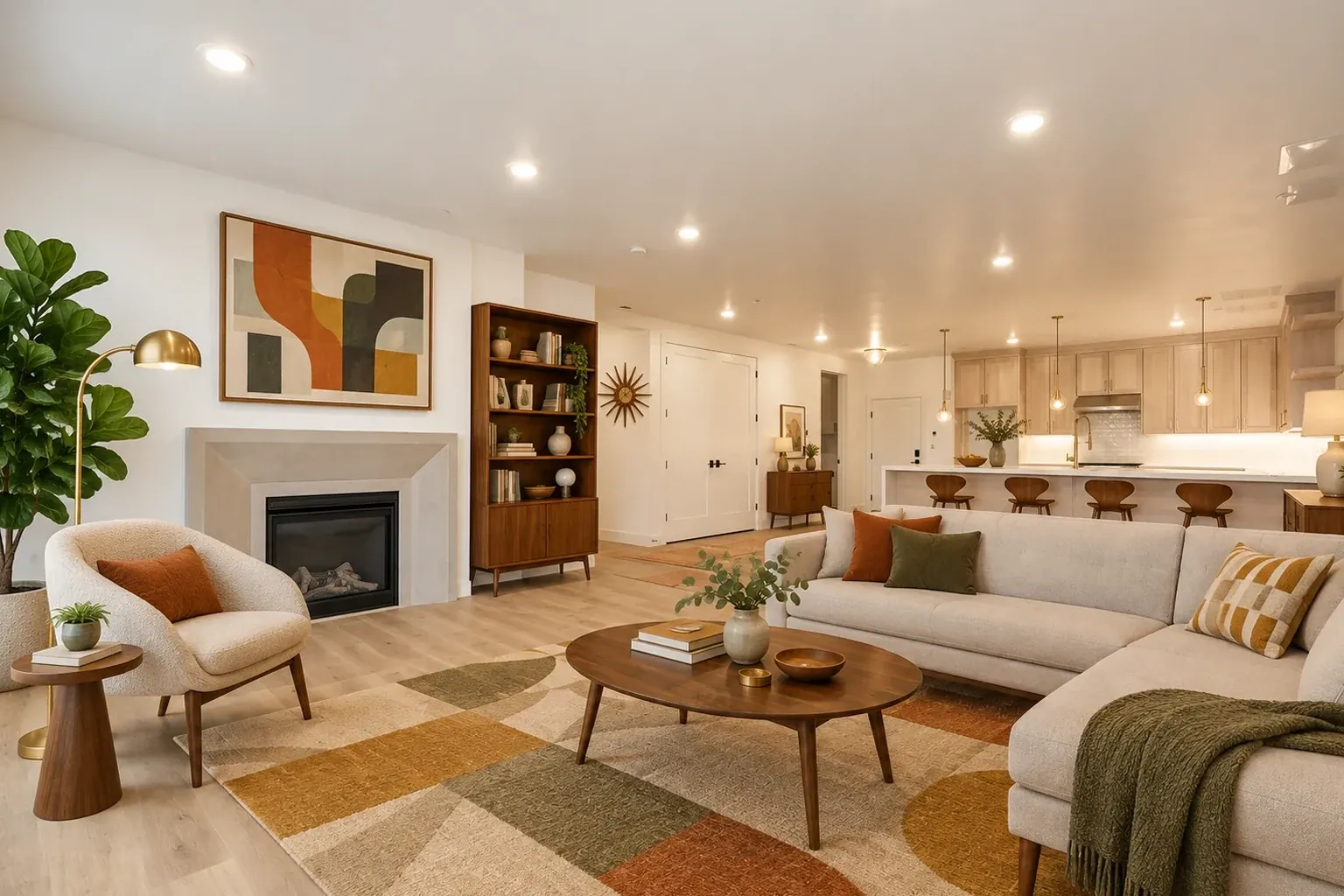 A living room staged in the Mid-century style