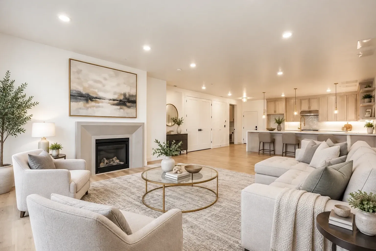 A living room staged in the Transitional style